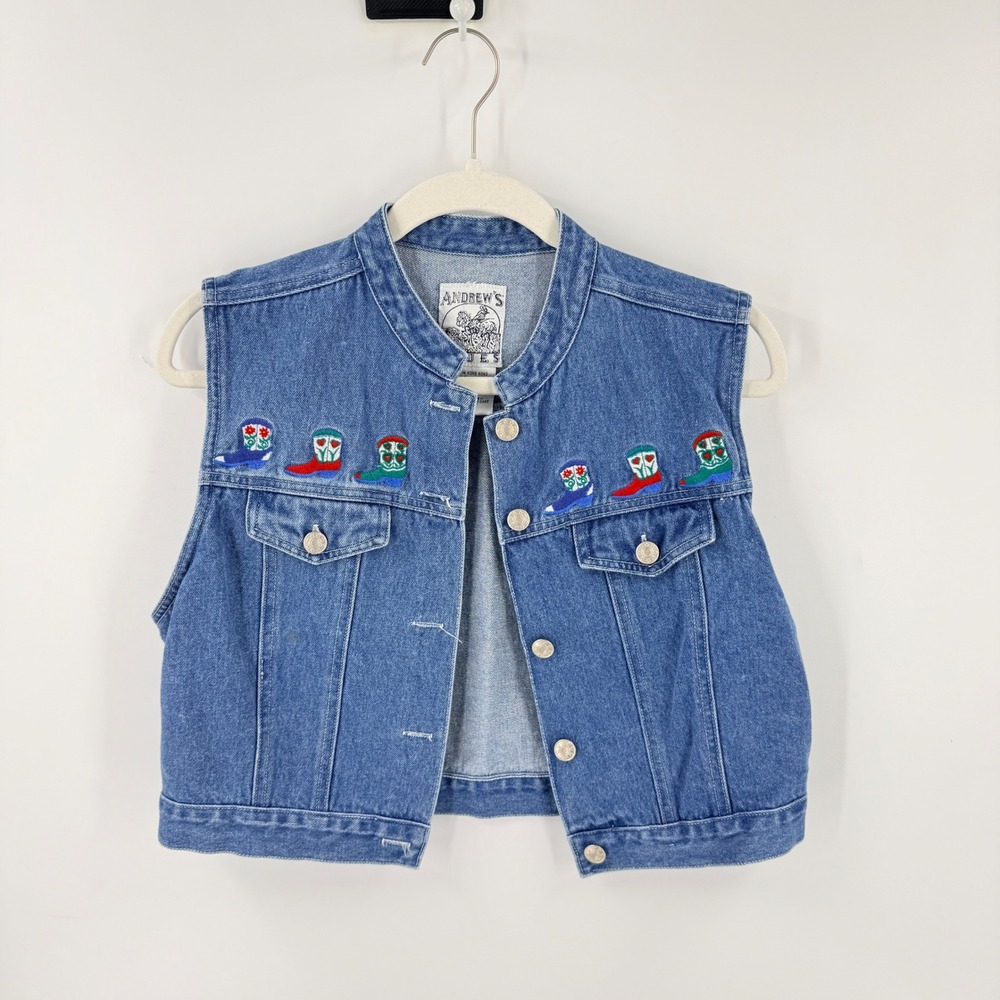 Vintage Andrew's Blues Denim Vest Medium Cowboy Boot Embroidered Rodeo Country